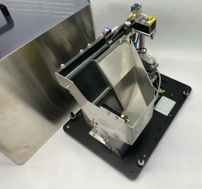 USED WEBER SCREWDRIVING GENTLE VIBRATORY STEP FEEDER SYSTEM, VERY LOW NOISE EMISSIONS