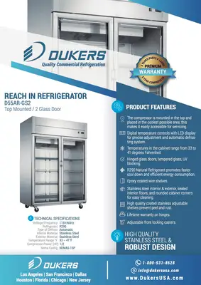 New | in-Stock Dukers New Dukers D55AR-GS2 Top Mount Glass 2-Door Commercial Reach-in Refrigerator Display Refrigerators Illinois US | Falcon Restaurant Supply #1376303