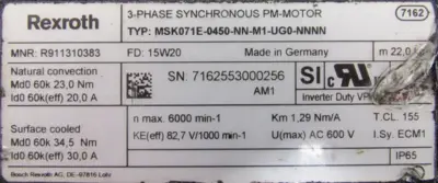 REFURBISHED REXROTH R911310383 SERVO MOTOR MSK071E-0450-NN-M1-UG0-NNNN