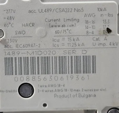 Allen Bradley 1489-M1D020 Ser D. Circuit Breaker - 1 Pole. 4E-20