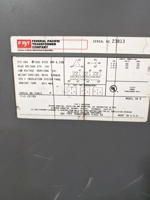 FEDERAL PACIFIC TRANSFORMER COMPANY 275 KVA TRANSFORMER 460-575 VOLTS Other Machinery, Transformer | Mark One Machinery (1)