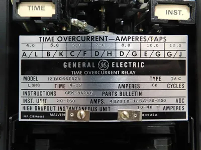 General Electric 12IAC66T57A Time Overcurrent Relay  Long Time 4-12 Amps Used