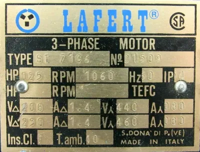 NEW LAFERT ST71C6 MOTOR 1/4HP 1060RPM 7/16" DIA.