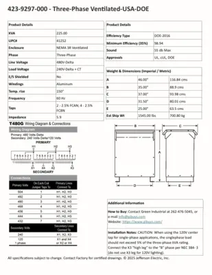 New 225 KVA Dry Type Transformer 480 Delta 240 Delta CT120 3 Phase 423-9297-000 FREE SHIPPING