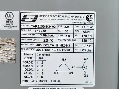 Used BEAVER TVR225S-H34A3 Transformers British Columbia CA | Lenmark #265854