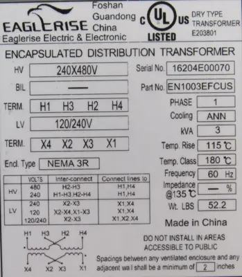NEW EAGLERISE EN1003EFCUS TRANSFORMER 3KVA 240x480V 120x240V
