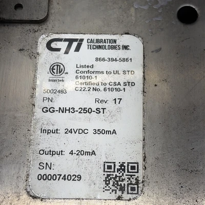 Used CTI GG-NH3-250-ST Gas Analyzers / Detectors Indiana US | J&J Industrial Supply #1455763