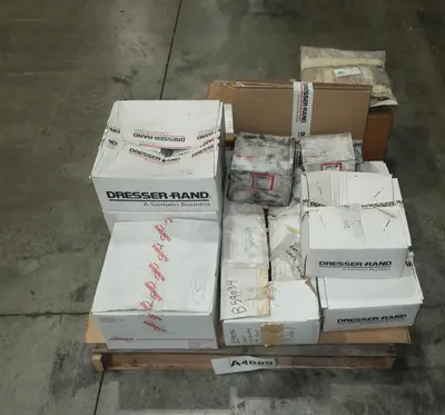 PALLET OF ASSORTED PUMP PARTS, DIAPHRAGM, RINGS, SEALS, COVERS, DRESSER RAND, FLOWSERVE