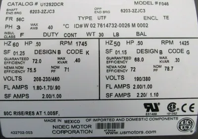 NEW US MOTORS U12S2DCR MOTOR .5HP 208-230/460V 5/8" DIA. F046