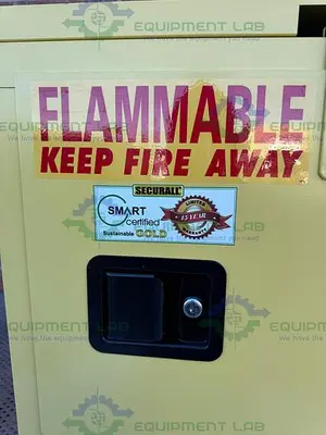 USED SECURALL 4 GALLON FLAMMABLE LIQUID STORAGE CABINET W/ SOFT CLOSE DOOR, SHELVES