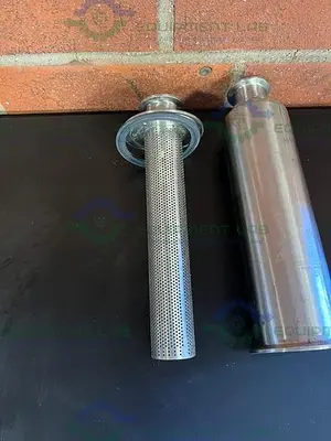USED GLACIER TANKS STAINLESS STEEL INLINE FILTER HOUSING W/ 1.5" SANITARY FITTING