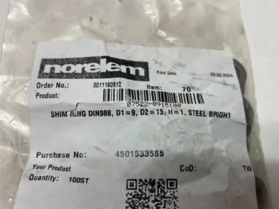 NEW NORELEM SHIM RING DIN988, D1=9, D2=15