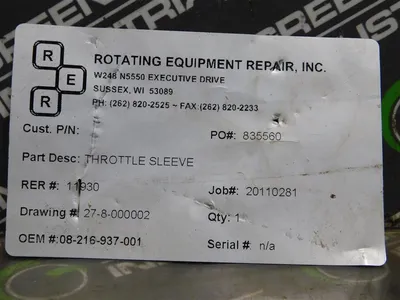 Rotating Equipment Repair Inc. 08-216-937-001 Throttle Sleeve RER# 11930 New