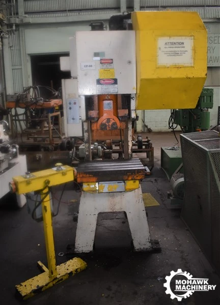 32 TON HEIM/ROUSELLE “G1-32-4” FLYWHEEL-TYPE OPEN BACK GAP FRAME PRESS w/AIR COUNTERBALANCE