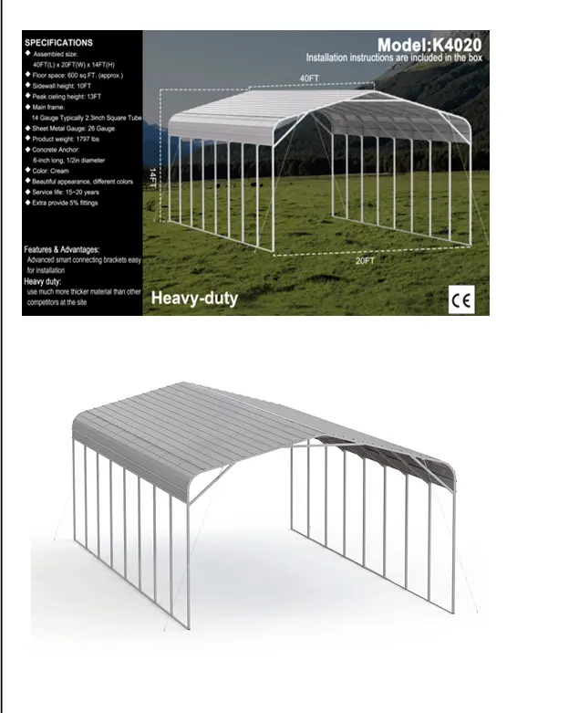 K4020 Unused 40ft x 20ft SteeI  Carport Shed