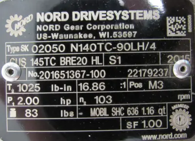 NEW NORD SK02050N140TC-90LH/4 GEARMOTOR 16.86:1 1HP 1" DIA. SK90LH/4CUSBRE20HL