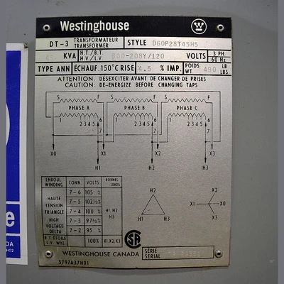 Westinghouse 45 kVA 600 - 120/208 Transformer