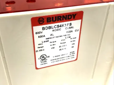 BDBLCS4K1FS | Burndy  1-Pole Finger-Safe Power Distribution Block 600V 620A CU9AL - New Other