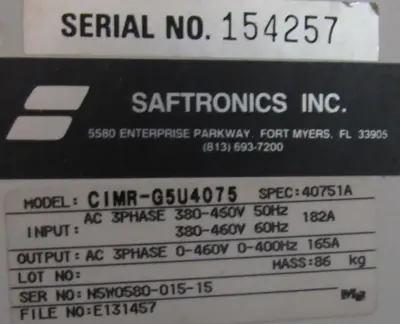 USED SAFETRONICS CIMR-G5U4075 VG5 DRIVE 125HP CIMRG5U4075