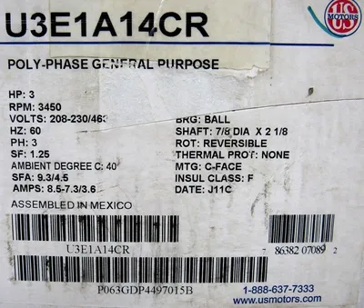 NEW US MOTORS U3E1A14CR MOTOR 3HP 3450 RPM P63GDP-4497