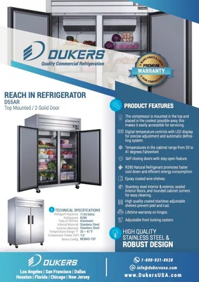 New | in-Stock Dukers New Dukers D55AR Commercial Solid 2-Door Top Mount Refrigerator in Stainless Steel Refrigerators Illinois US | Falcon Restaurant Supply #1376329