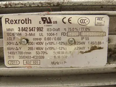 Rexroth 3842527866 Gearmotor Speed Reducer 141rpm 0.29kW 12:1 Ratio 230/460V 3Ph