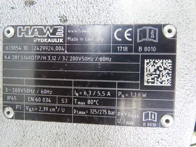 Hawe KA281S14KDTP/H Hydraulic Power Unit Pack 325bar 1.1kw 3.9L Tank 200V 3Ph