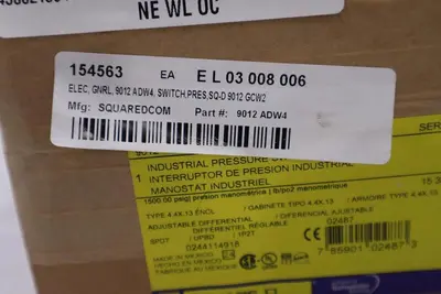 NEW SQUARE D 9012GCW-2 INDUSTRIAL PRESSURE SWITCH 9012 GCW2 STOCK G294
