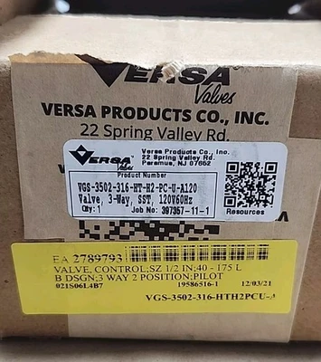 NEW Versa Valves VGS-3502-316-HT-H2-PC-U-A120