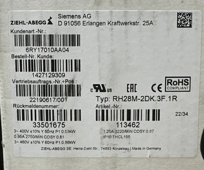 NEW ZIEHL ABEGG RH28M-2DK.3F.1R