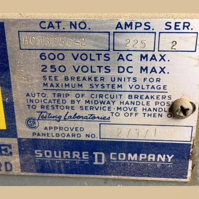 Square D 225 Amp 600 Volt Breaker Panel