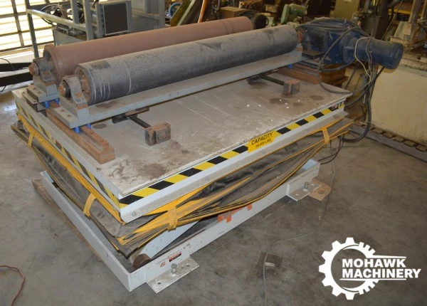 19000 LB HYDRAMATION 72” x 60” HYDRAULIC LIFT TABLE w/16000 LB TDL TOOL STATOR TANK TURNING ROLL ATTACHMENT