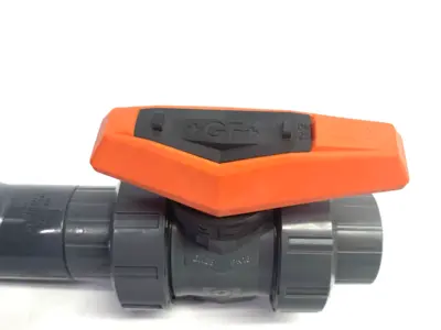 USED GEORG FISCHER TYP 546 PRO BALL VALVE PVC-U, 1" SOCKET ENDS, TO RT ANGLE ADAPTER