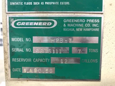 USED 1996 GREENERD PRESSES GREENERD HPB-7 PRESS