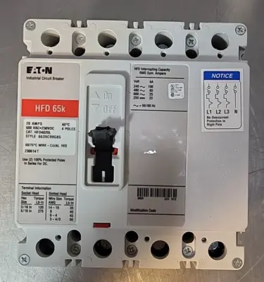 Eaton HFD4020L 20A Circuit Breaker HFD 65K 600V 4 Poles 4F (BIN 4.5.4)