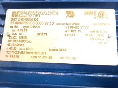 Used SEW-Eurodrive Gearmotor S47 3/4HP, 230/460V 37RPM 47.32:1, NO FAN COVER Gearmotors Michigan US | Maverick Industrial Sales #1412951