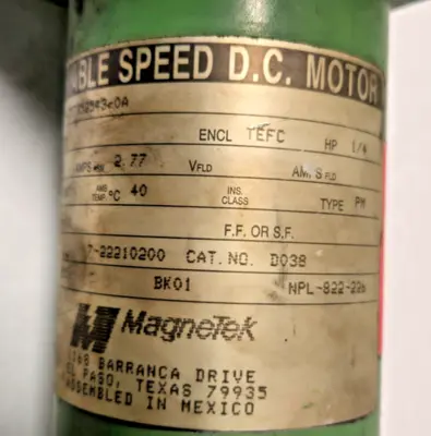 MAGNETEK Electric DC Motor 1/4 HP VARIABLE Speed D038 34357352543-0A