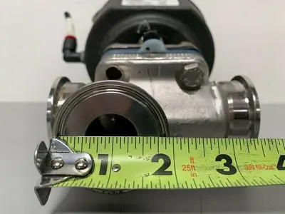 USED ITT SHEROTEC 3-WAY STAINLESS STEEL VALVE W/ 2" SANITARY FIT & POSITION MONITOR