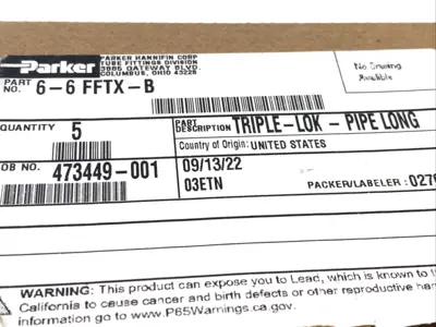 6-6 FFTX-B | Parker  Triple-Lok Tube Fitting, Flare JIC 37 Deg. 3/8" NPT, Long 5PK - New – Open box