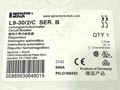 New | in-Stock Sprecher + Schuh Ser. B Miniature Circuit Breaker 2-Pole 30A Circuit Breakers Michigan US | Maverick Industrial Sales #1395060