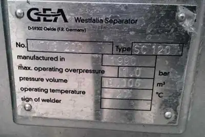 Westfalia SC 120-36-777 self-thinking clarifier centrifuge, 316SS.