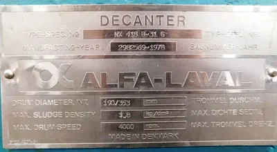 Alfa-Laval NX 418B-31G decanter centrifuge, 316SS.