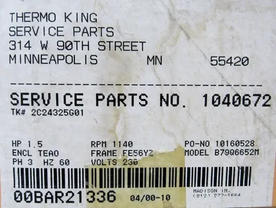 NEW THERMO KING 104-672 MOTOR B79Q6652M-AC 2C24325G01 1040672 1.5HP 230V 104672