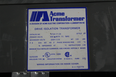 Acme Drive Isolation Transformer 460/230Y 7.5 kVA