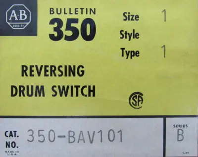 ALLEN BRADLEY 350-BAV101 REVERSING DRUM SWITCH SIZE 1 STYLE 1 SER.B NEW SURPLUS