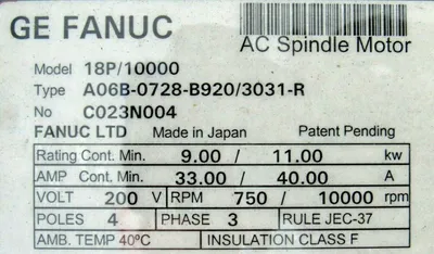 REFURBISHED GE FANUC A06B-0728-B920/3031 MOTOR 18P/10000 A06B0728B9203031R