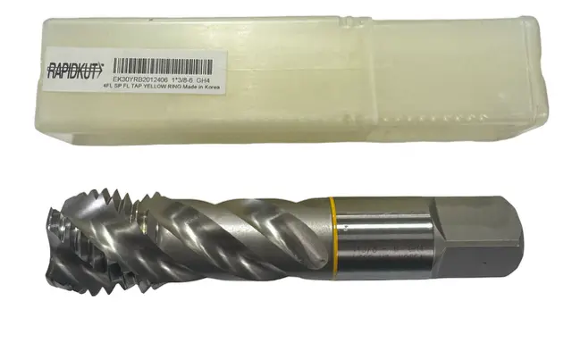 RapidKut 1-3/8"-6 HSSE-V3 Spiral Flute Tap 4 Flute Semi-Bottoming Yellow Ring GH4 Tap