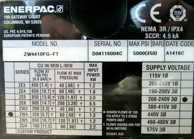 NEW ENERPAC ZW4410FG-FT HYDRAULIC WORK HOLDING PUMP 5000PSI ZW4410FGFT