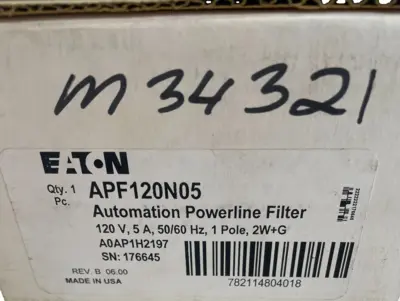 NEW EATON APF120N05 AUTOMATION POWERLINE FILTER 120V 5A 50/60HZ 1POLE