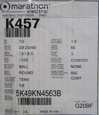 NEW MARATHON K457 BRAKE MOTOR 1/2HP 208-230/460V 1725RPM 105601100BQF 56C
